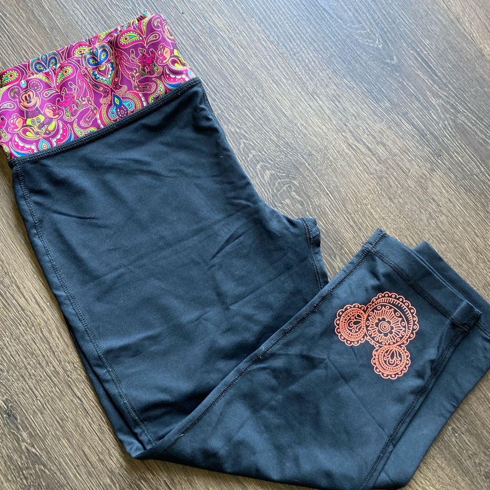 Black and paisley Mickey Mouse Yoga pants. Waist 15 Length 29
